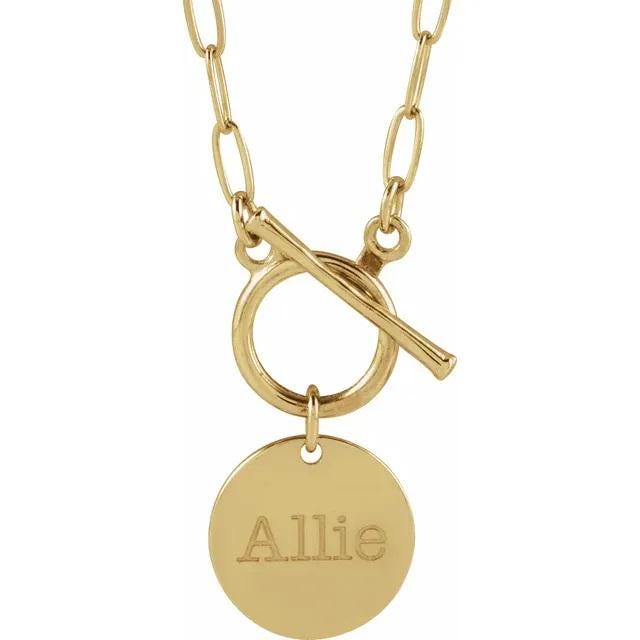 Engravable Heart or Round Toggle 18" Necklace, available in Sterling Silver, or your color of 14k Gold