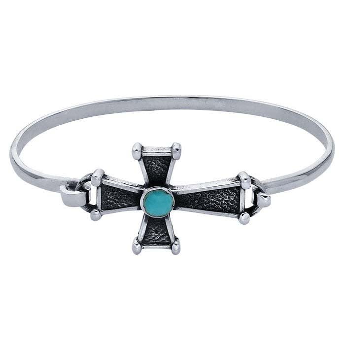 Sterling Silver Imitation Turquoise-Set Cross Bangle Bracelet