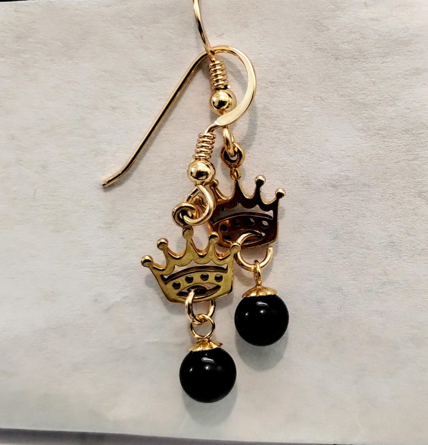 14k gold filled crown dangle earrings with black onyx bead