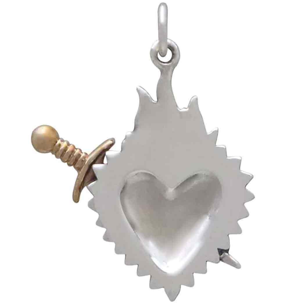 Flaming Heart Pendant with Sword 26x20mm, Sterling Silver