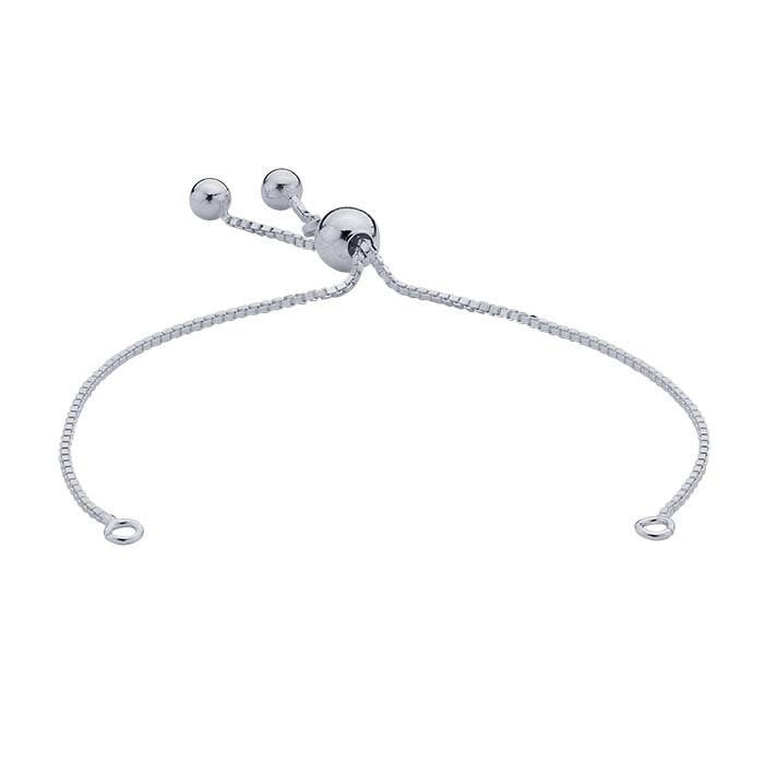 Sterling silver 1mm box chain bracelet component with rings, adjustable