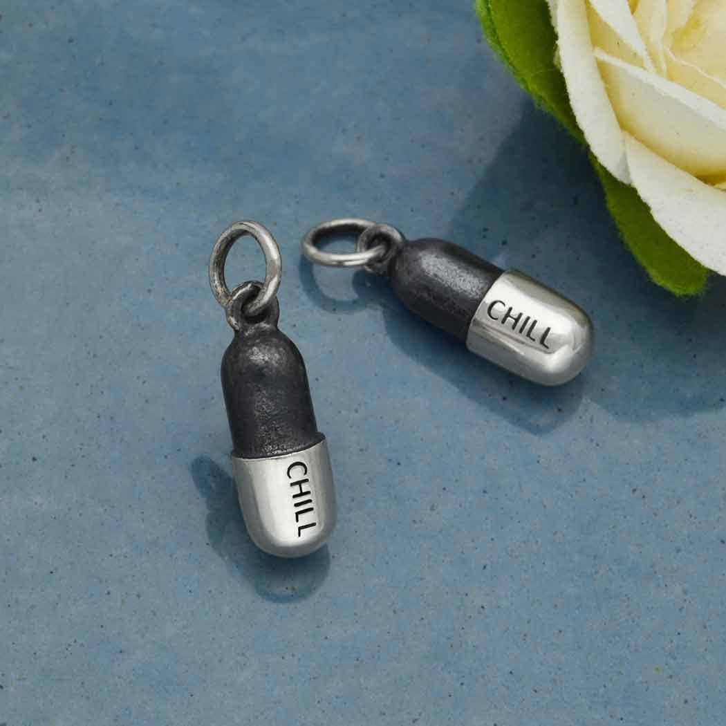 Sterling Silver Chill Pill Charm 18x5mm
