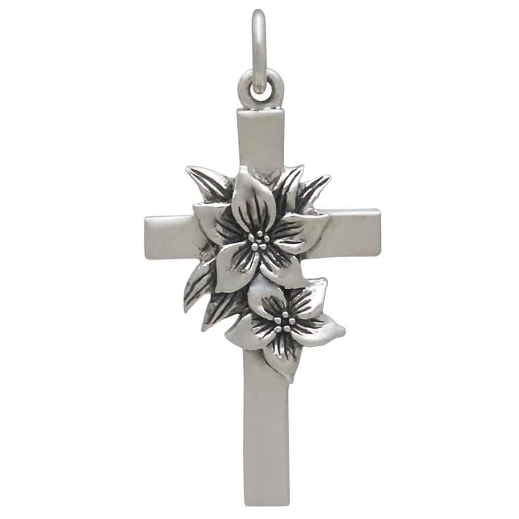 Sterling Silver Cross with Lily Flowers Charm 29x14mm
