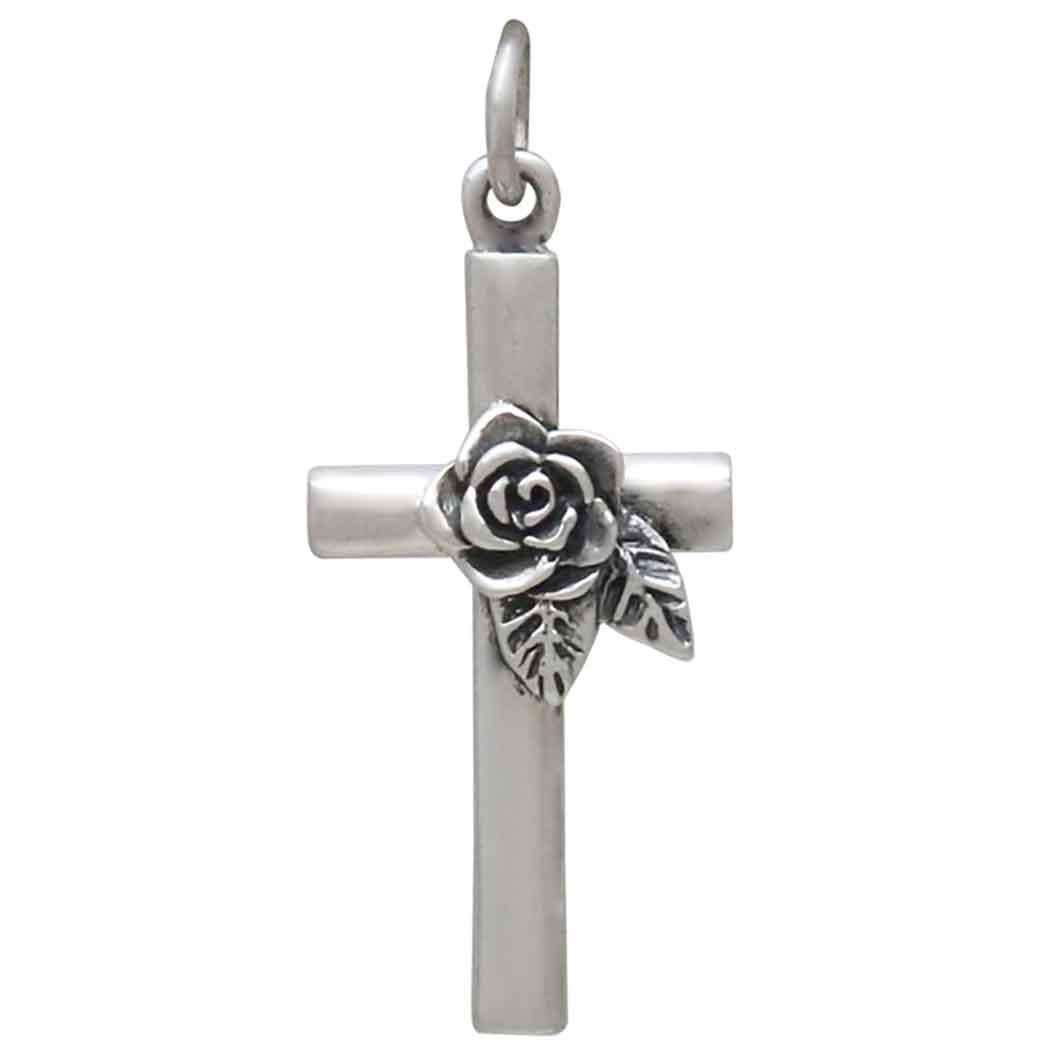 Sterling Silver Cross with Rose Charm 28x12mm