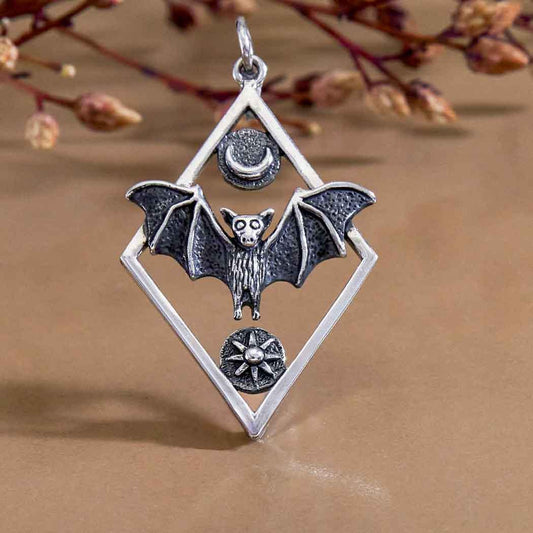 Silver Branches and Bat Pendant in Diamond Frame 35x21mm