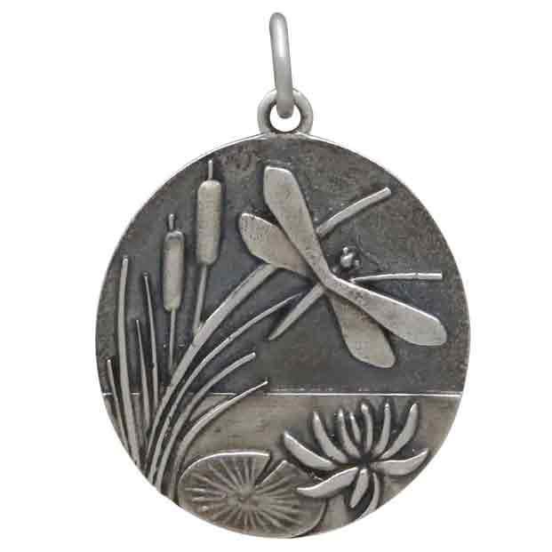 Silver Pond with Cattails and Dragonfly Pendant 26x18mm