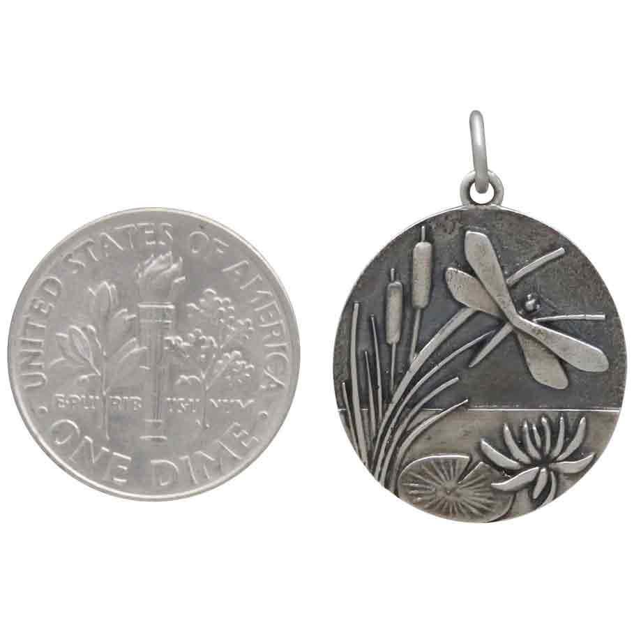 Silver Pond with Cattails and Dragonfly Pendant 26x18mm