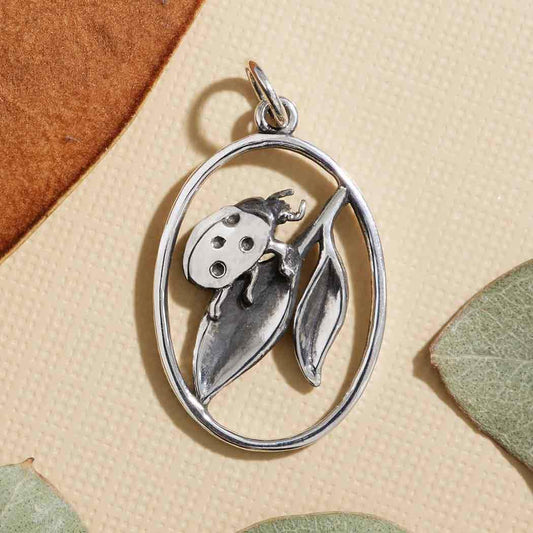 Sterling Silver Ladybug on Leaf Charm 27x15mm