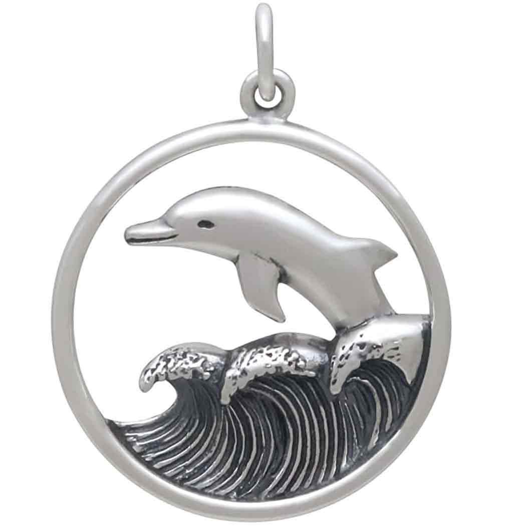 Sterling Silver Dolphin Jumpring in Waves Pendant 26x20mm
