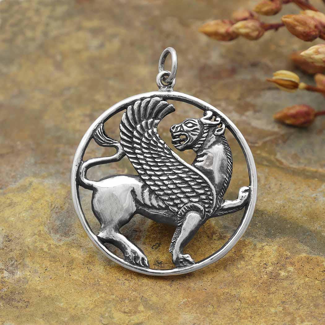 Sterling Silver Ancient Persian Winged Lion Pendant 32x26mm