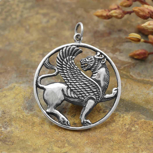 Sterling Silver Ancient Persian Winged Lion Pendant 32x26mm