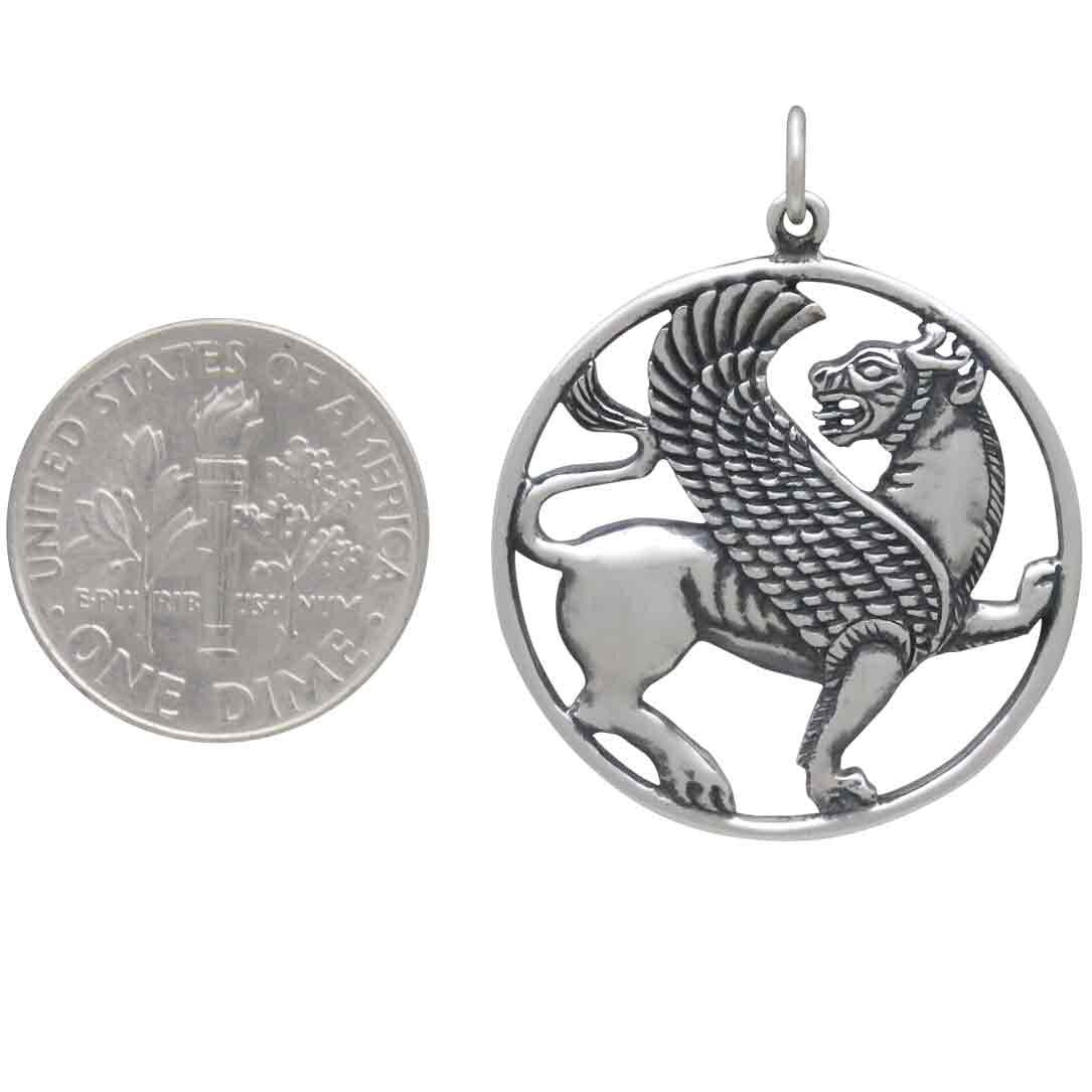 Sterling Silver Ancient Persian Winged Lion Pendant 32x26mm