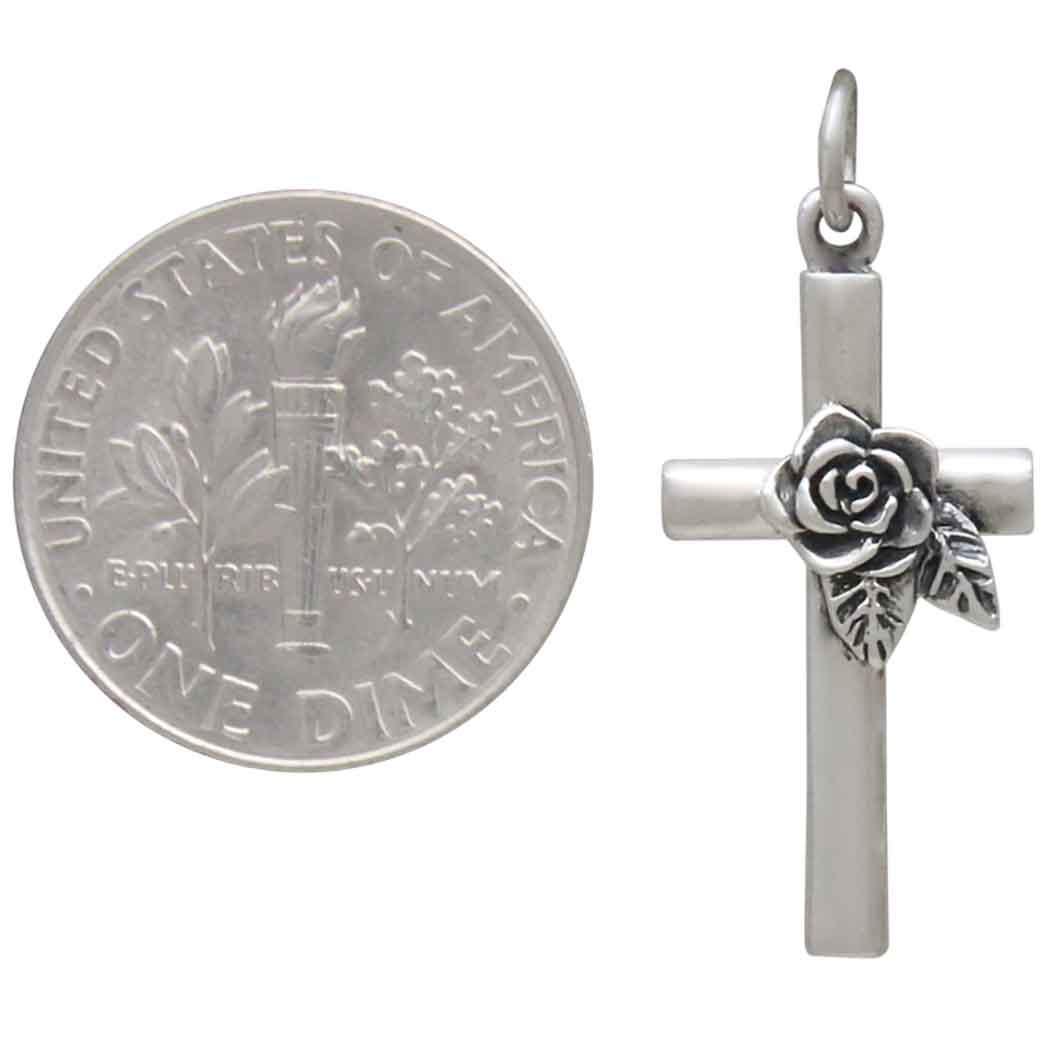 Sterling Silver Cross with Rose Charm 28x12mm
