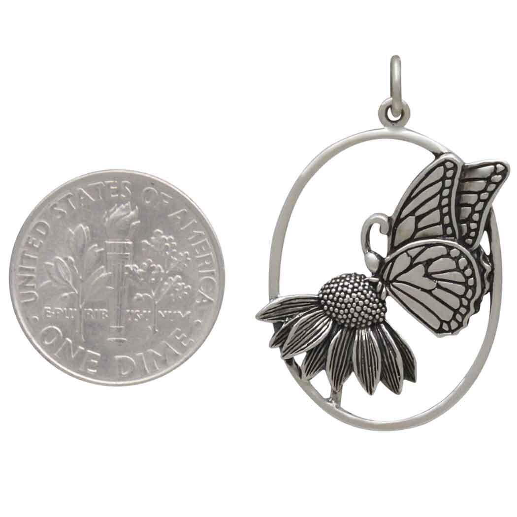 Sterling Silver Butterfly on Flower Pendant 31x21mm