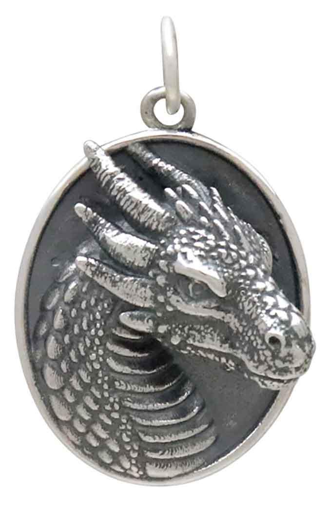 Sterling Silver Oval Dragon Pendant 25x16mm