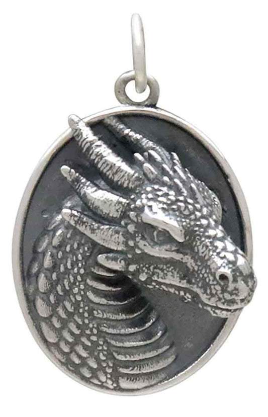 Sterling Silver Oval Dragon Pendant 25x16mm