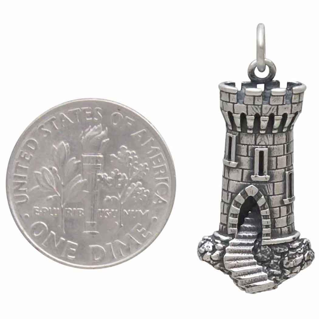 Sterling Silver Castle Tower Charm 29x12mm