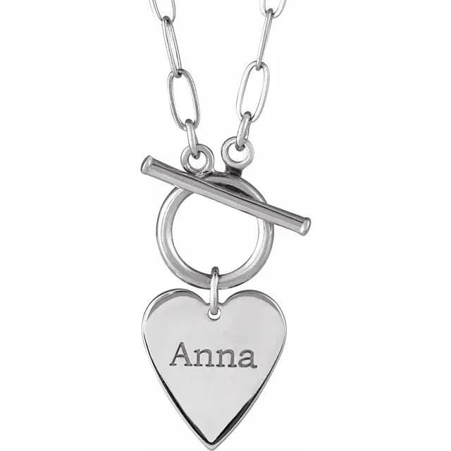 Engravable Heart or Round Toggle 18" Necklace, available in Sterling Silver, or your color of 14k Gold