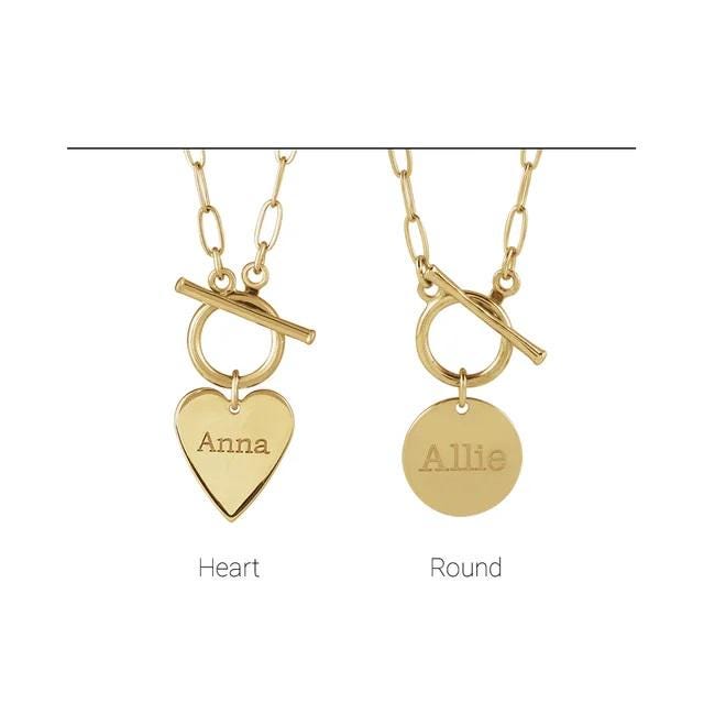 Engravable Heart or Round Toggle 18" Necklace, available in Sterling Silver, or your color of 14k Gold