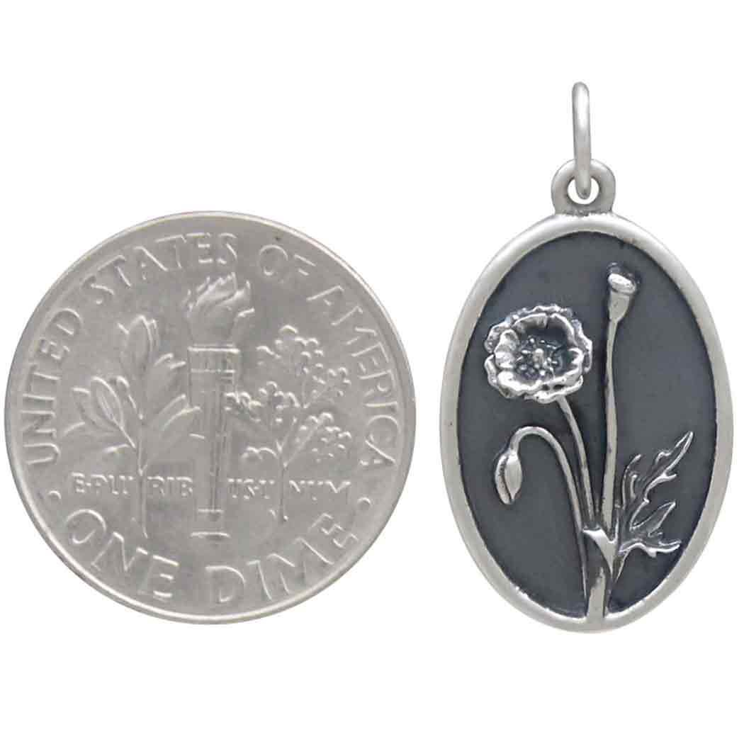Silver Poppy Charm - August Birthflower 25x13mm
