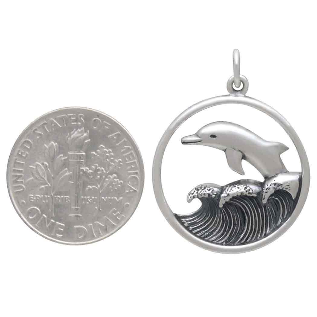 Sterling Silver Dolphin Jumpring in Waves Pendant 26x20mm