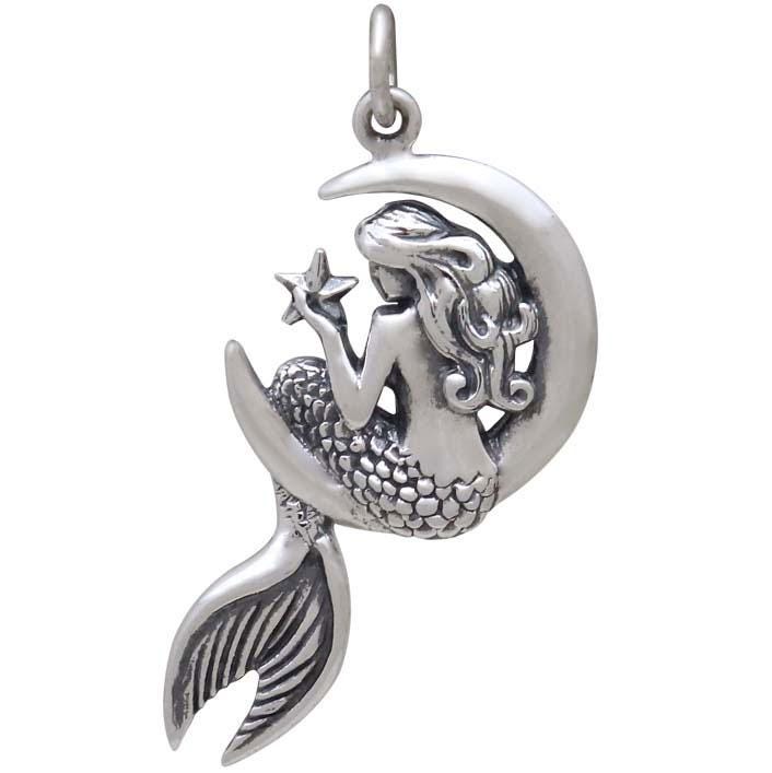Sterling Silver Mermaid on the Moon Pendant 30x17mm