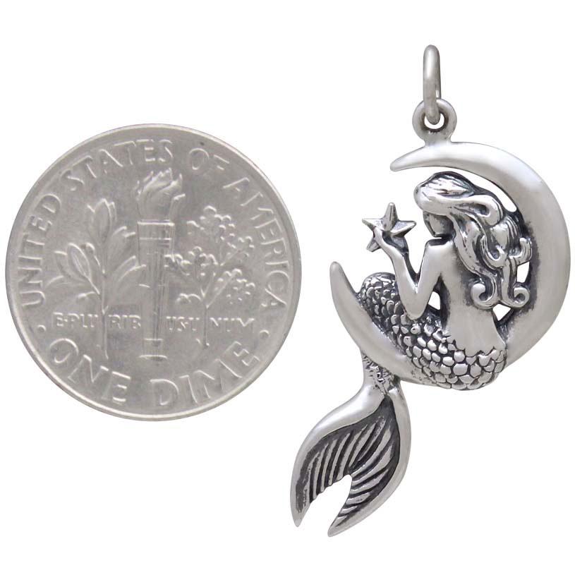 Sterling Silver Mermaid on the Moon Pendant 30x17mm