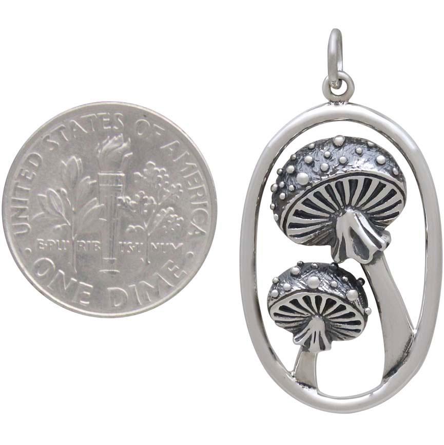 Sterling Silver Agaric Mushrooms Pendant in Oval 33x17mm