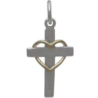 Sterling Silver Cross with Wire Bronze Heart 20x10mm