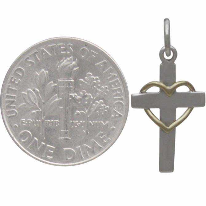 Sterling Silver Cross with Wire Bronze Heart 20x10mm