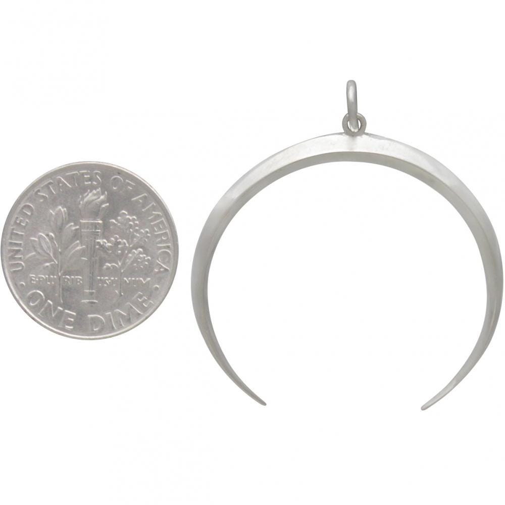 Sterling Silver Crescent Ridged Moon Pendant 35x33mm
