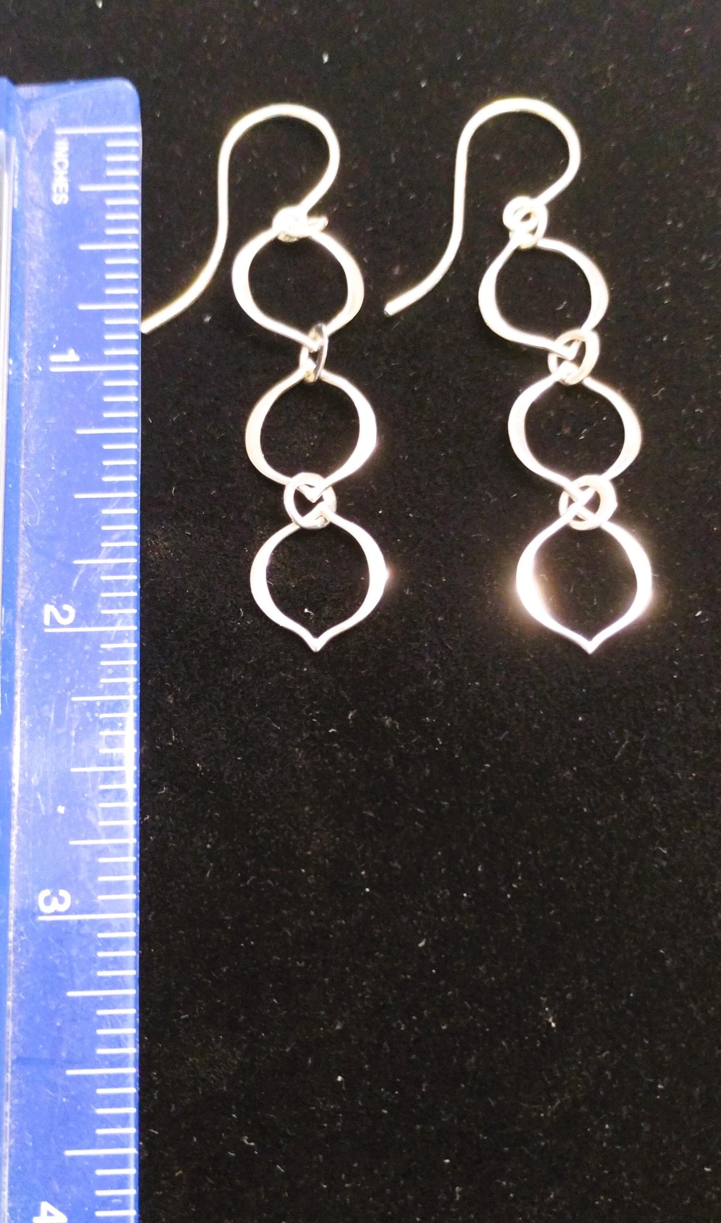 Sterling Silver Three Arabesque Link Dangle Earrings w/ French Hook 2 inch long