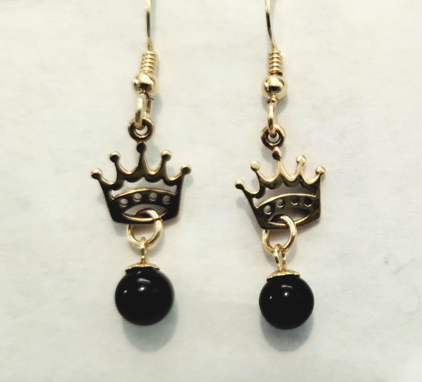 14k gold filled crown dangle earrings with black onyx bead