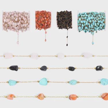 18K Gold PVD Stainless Steel Beaded Stone Chain - By The Foot, choose your color