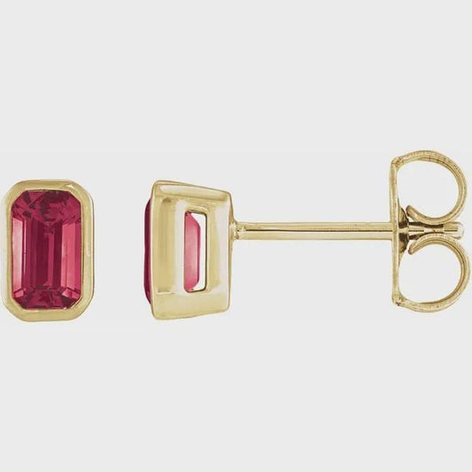 Lab-Grown Ruby Tapered Bezel Earrings in 14k Yellow Gold, sold by the pair