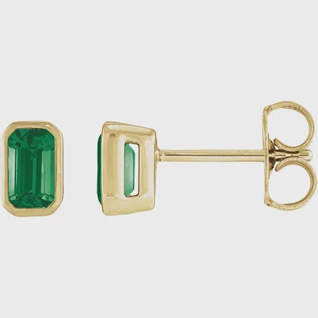 Lab-Grown Ruby Tapered Bezel Earrings in 14k Yellow Gold, sold by the pair
