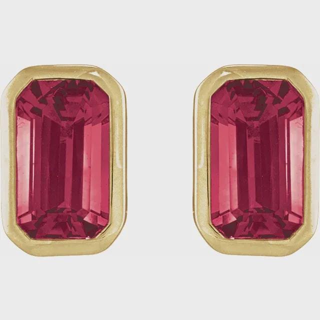 Lab-Grown Ruby Tapered Bezel Earrings in 14k Yellow Gold, sold by the pair