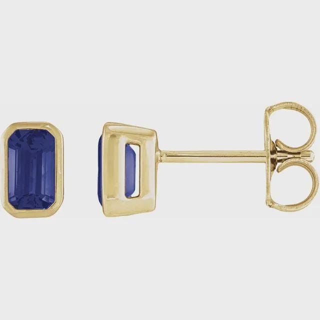 Lab-Grown Ruby Tapered Bezel Earrings in 14k Yellow Gold, sold by the pair