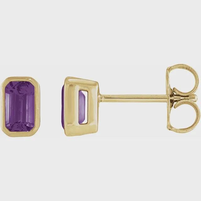 Lab-Grown Ruby Tapered Bezel Earrings in 14k Yellow Gold, sold by the pair