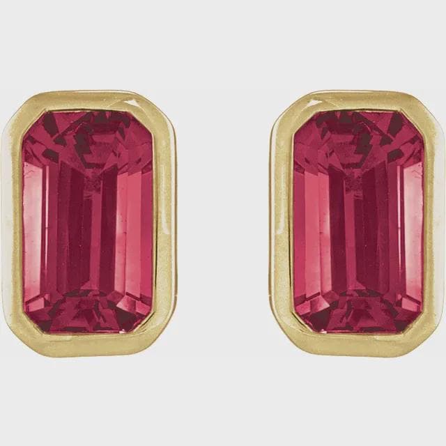 Lab-Grown Ruby Tapered Bezel Earrings in 14k Yellow Gold, sold by the pair