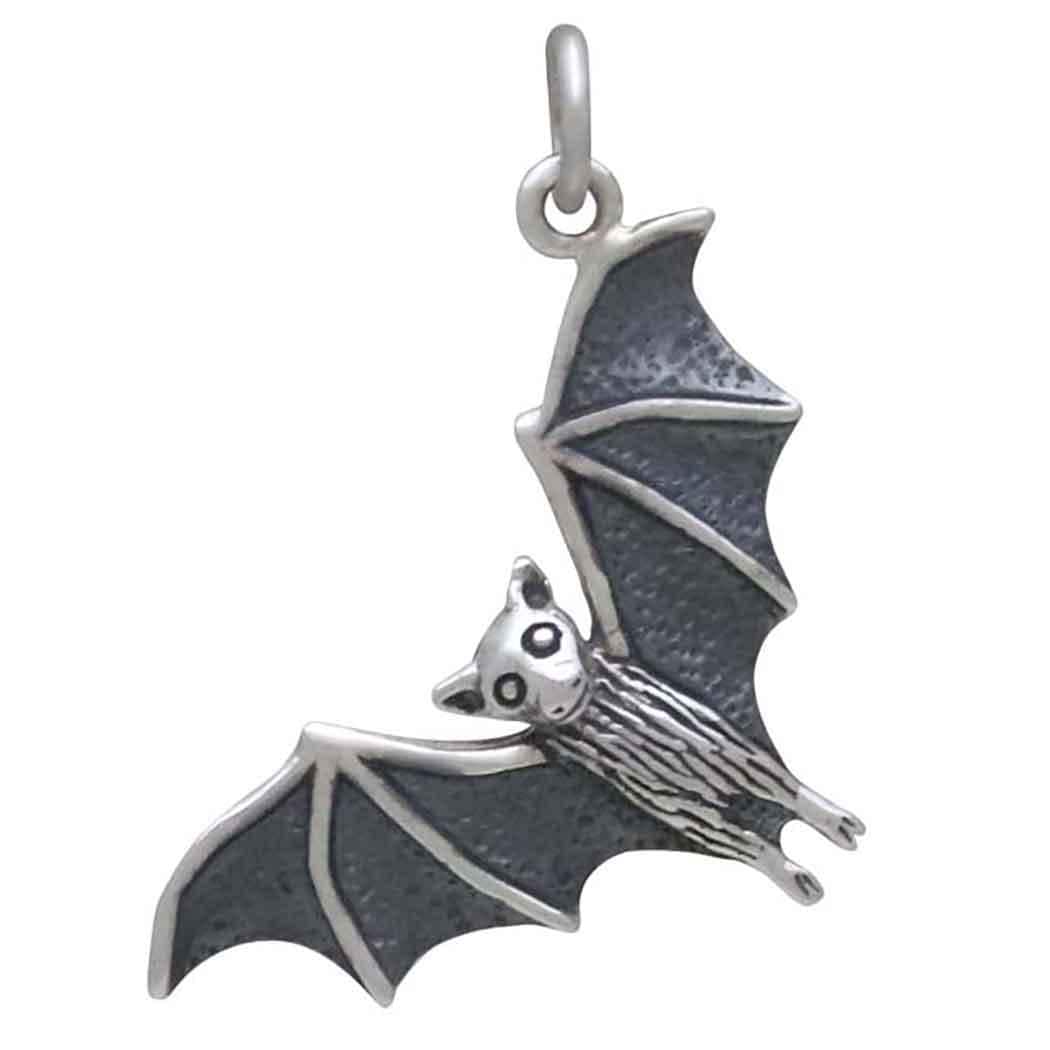 Sterling Silver Realistic Sideways Flying Bat Charm 26x18mm