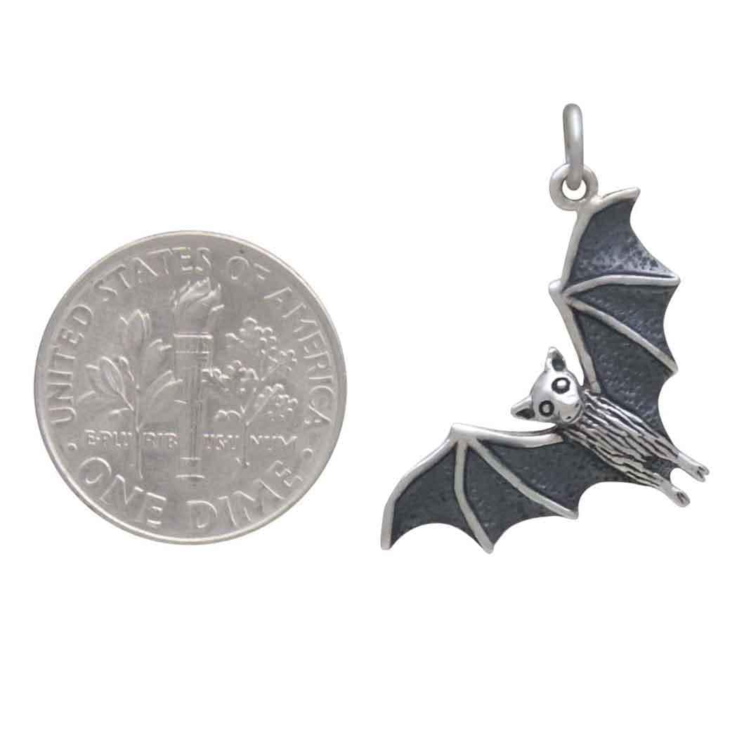 Sterling Silver Realistic Sideways Flying Bat Charm 26x18mm