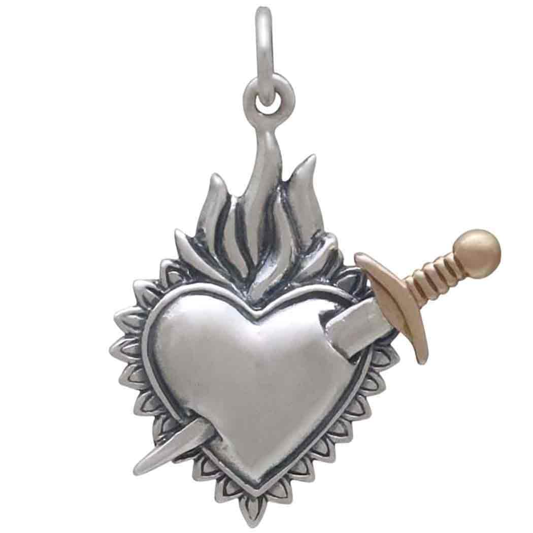 Flaming Heart Pendant with Sword 26x20mm, Sterling Silver