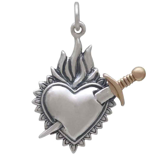 Flaming Heart Pendant with Sword 26x20mm, Sterling Silver