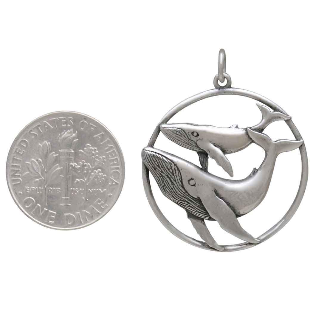 Sterling Silver Mama and Baby Whale Pendant 31x25mm