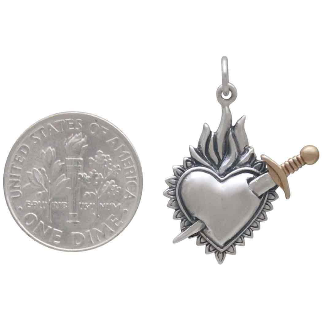 Flaming Heart Pendant with Sword 26x20mm, Sterling Silver