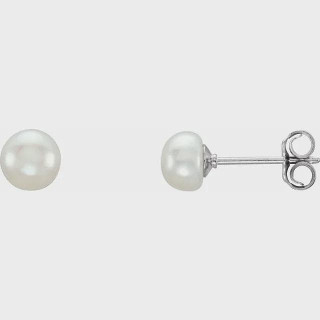 5-6 mm Cultured White Freshwater Button Pearl Earrings in Sterling Silver or 14k Gold