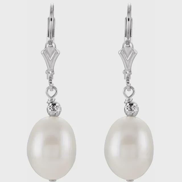 Sterling Silver 9-10 mm Cultured White Freshwater Pearl Earrings