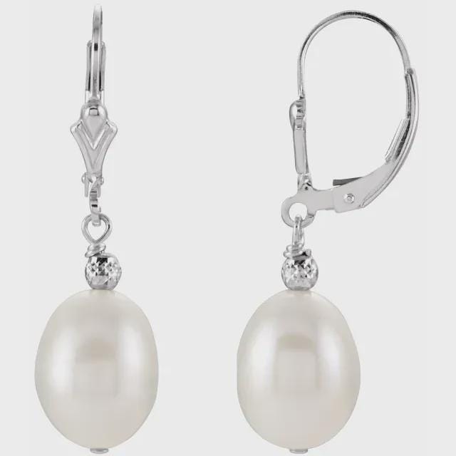 Sterling Silver 9-10 mm Cultured White Freshwater Pearl Earrings