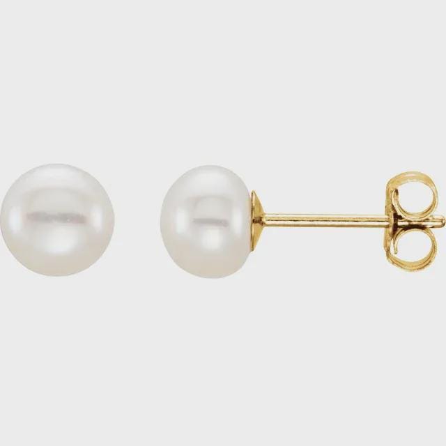 5-6 mm Cultured White Freshwater Button Pearl Earrings in Sterling Silver or 14k Gold
